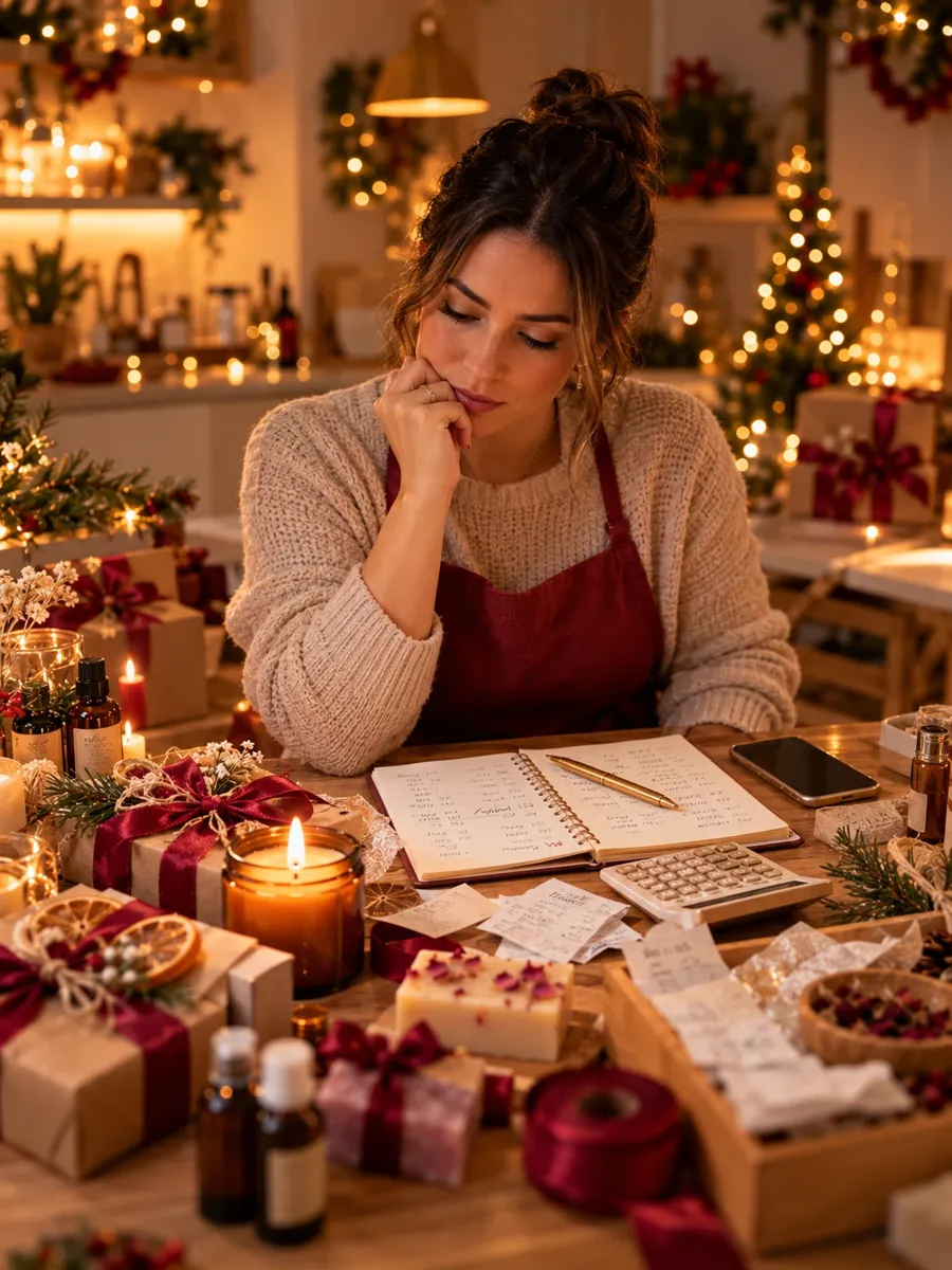 Artesã pensativa diante do caderninho de contas, cercada de sabonetes e kits de Natal